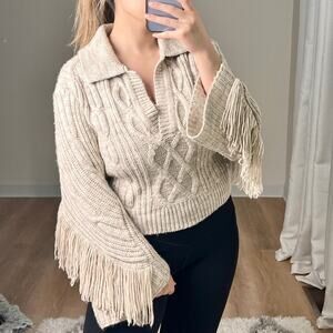 JONATHAN SIMKHAI Kara Fringe Wool Polo Sweater Tan Small Coastal Cowgirl